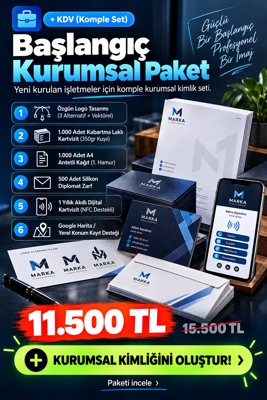 Başlangıç Kurumsal Kimlik Paketi - Özgün Logo Tasarımı, 1000 Kartvizit, Antetli Kağıt ve NFC Dijital Kart