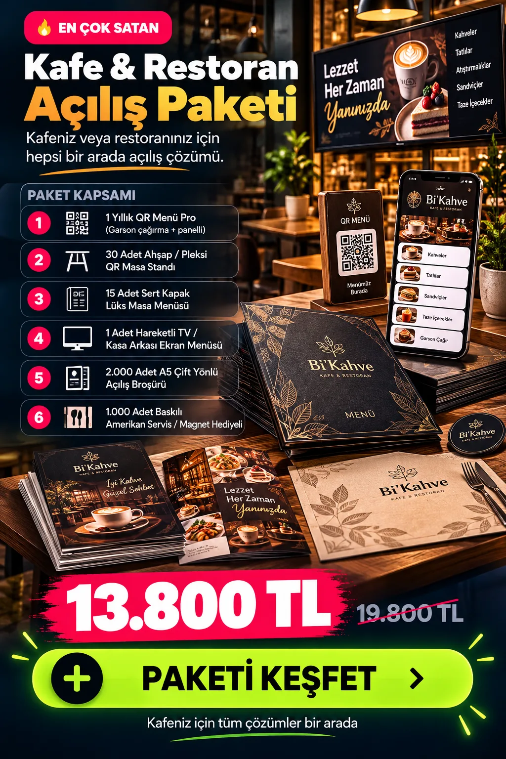 Kafe ve Restoran Açılış Paketi - 1 Yıllık Garson Çağırmalı QR Menü, Ahşap Masa Standı ve 2000 Broşür